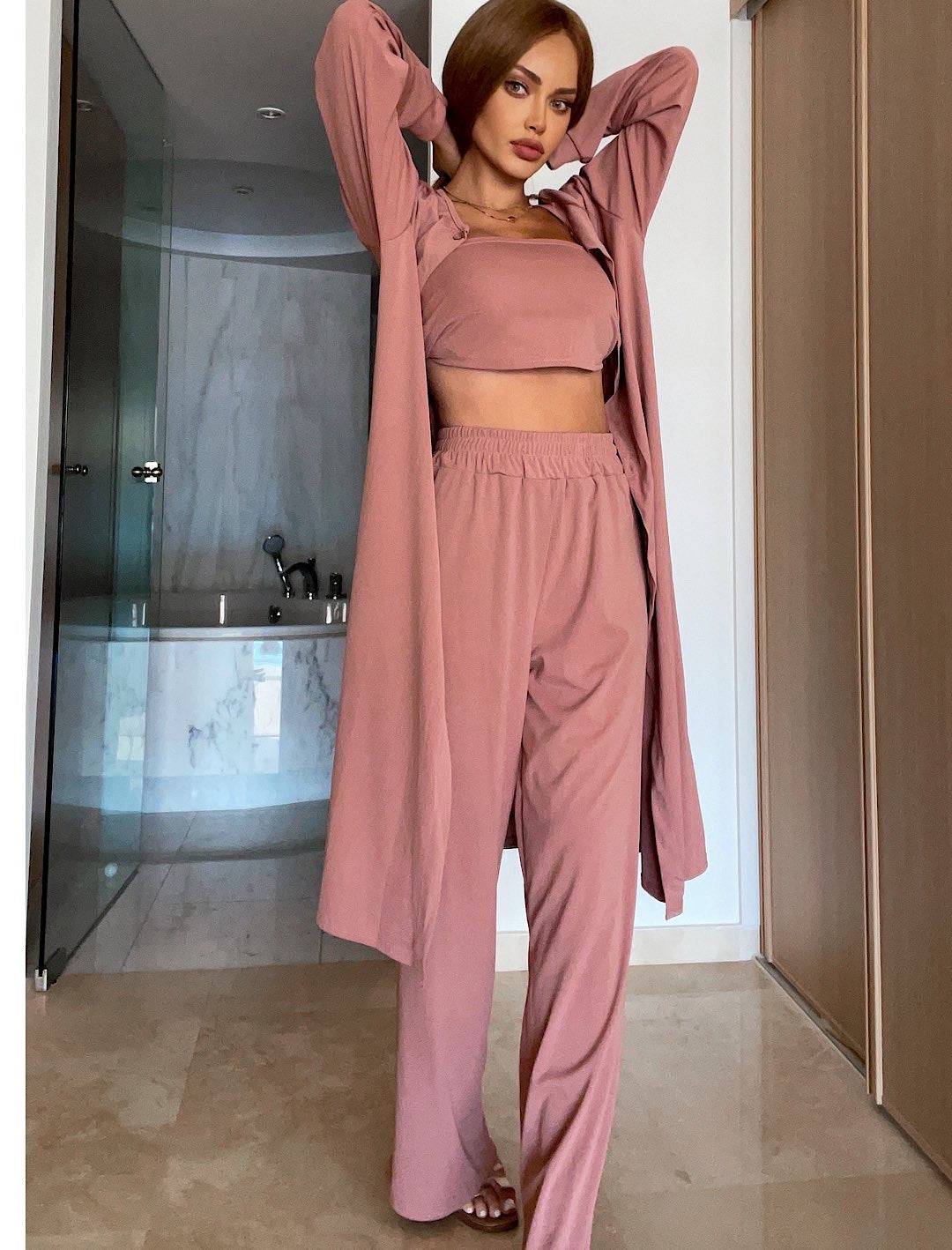 Wide Leg Pants Crop Top and Kimono Set