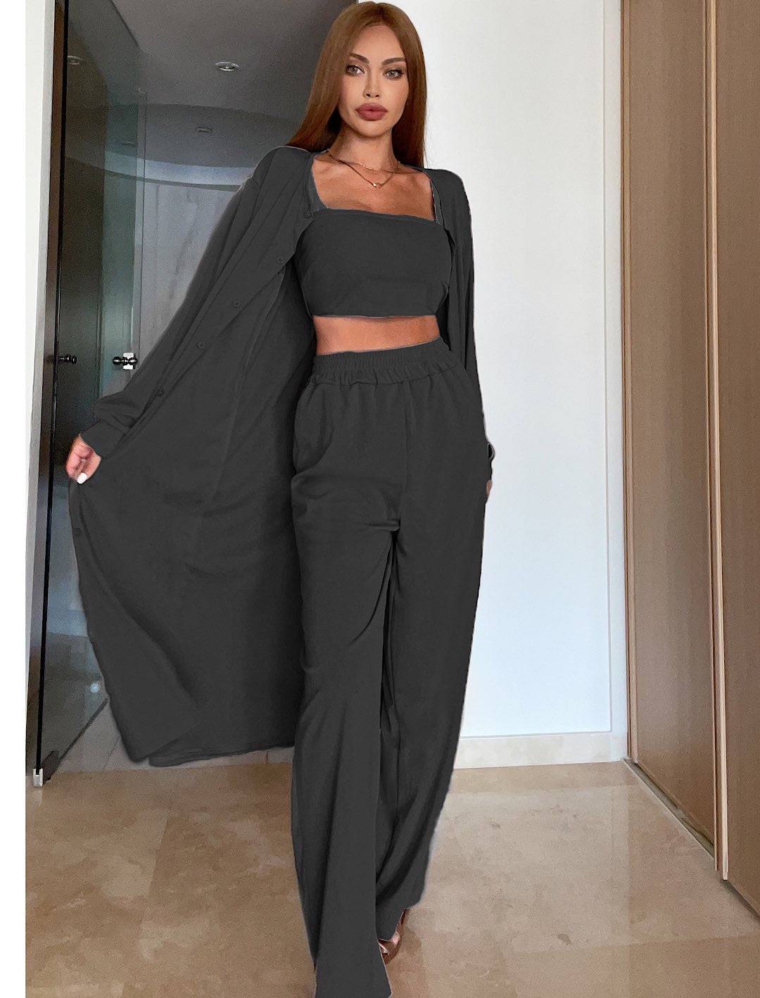 Wide Leg Pants Crop Top and Kimono Set