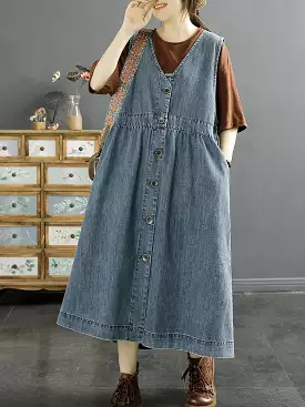 Women Denim Vest Dress Spring Cotton Button-Up SC1044