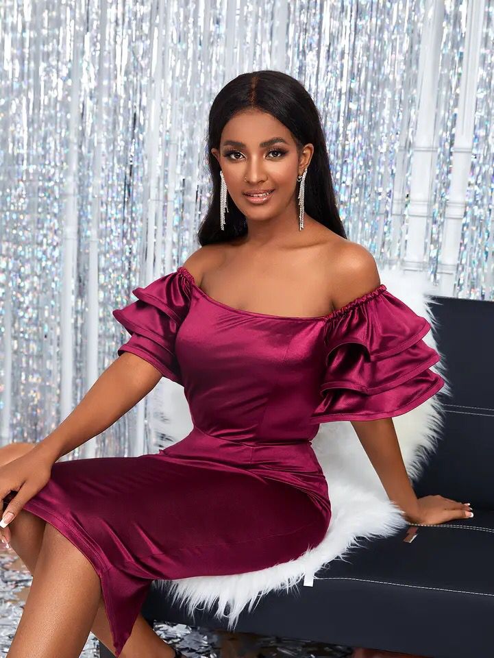 Women Satin Party Dress - Slash Neck - Short Puff Sleeve - Shoulder - Bodycon - Clubwear - Summer Event