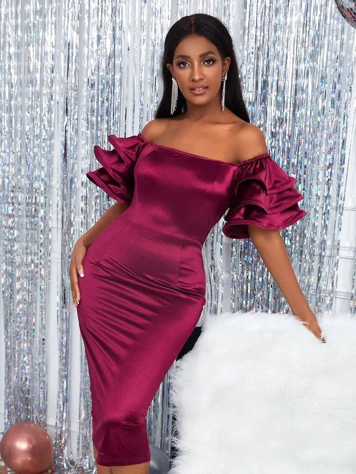 Women Satin Party Dress - Slash Neck - Short Puff Sleeve - Shoulder - Bodycon - Clubwear - Summer Event