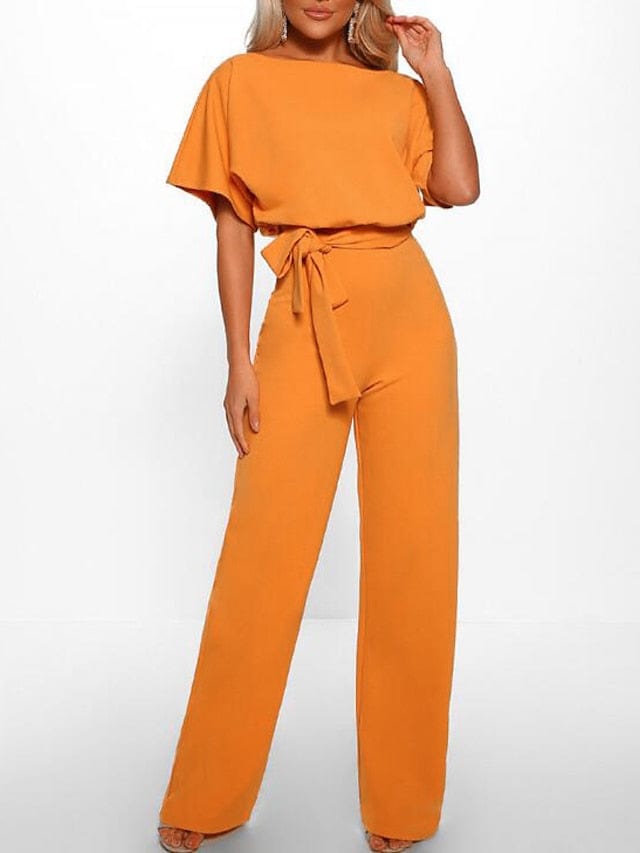 Women's Belted Long Jumpsuit with Wide Legs and Short Sleeves - Stylish and Trendy