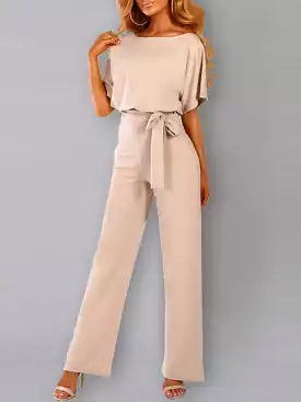 Women's Belted Long Jumpsuit with Wide Legs and Short Sleeves - Stylish and Trendy