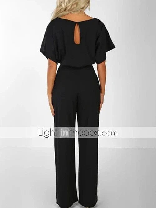 Women's Belted Long Jumpsuit with Wide Legs and Short Sleeves - Stylish and Trendy