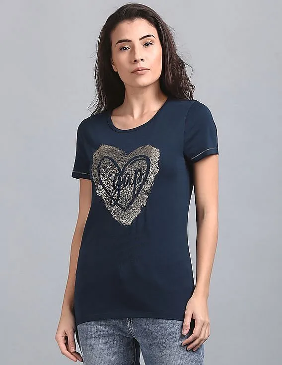 Women's Blue Glitter Print Short Sleeves Tee by GAP