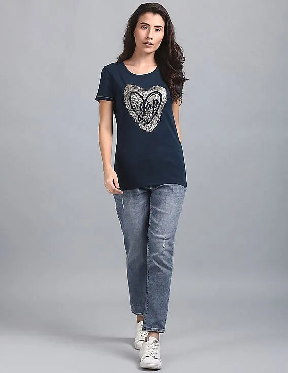 Women's Blue Glitter Print Short Sleeves Tee by GAP