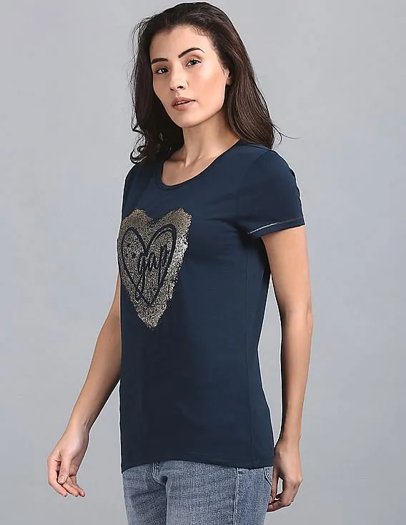 Women's Blue Glitter Print Short Sleeves Tee by GAP