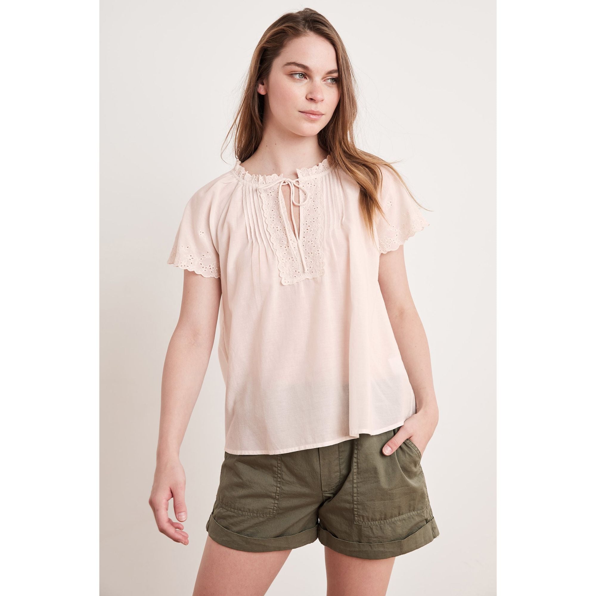 Women's Eyelet Embroidery Short Sleeve Top in Dusty Rose - Velvet Material