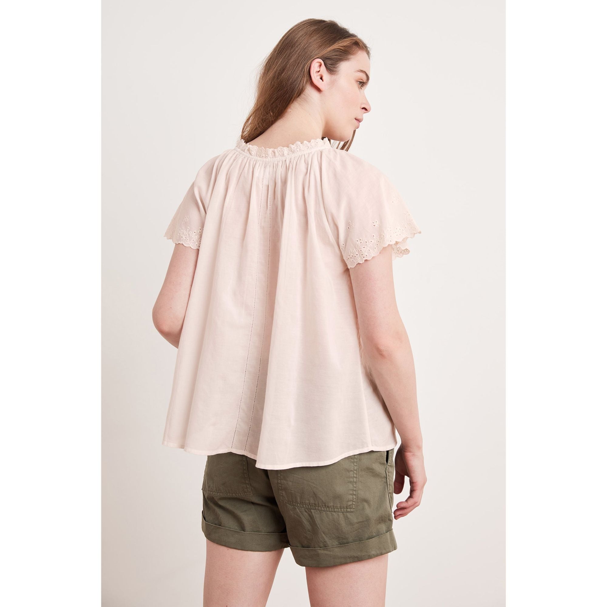 Women's Eyelet Embroidery Short Sleeve Top in Dusty Rose - Velvet Material