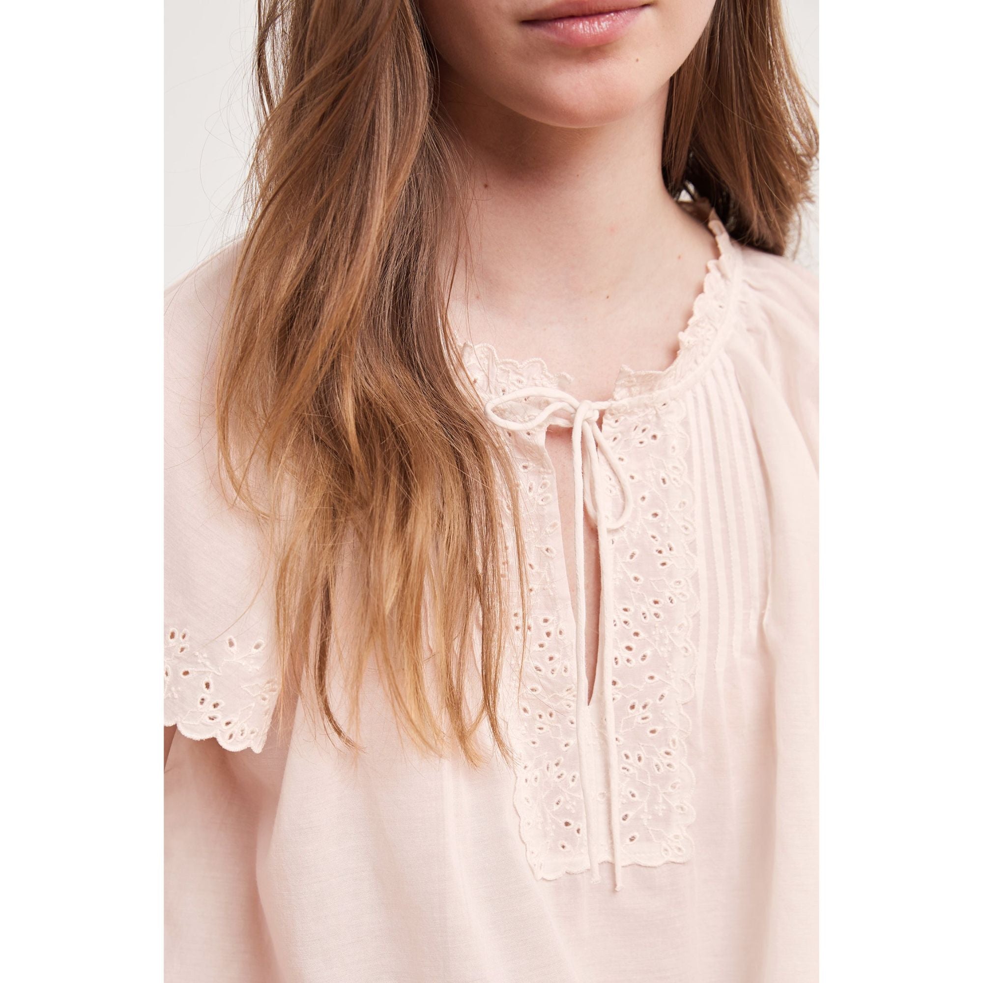 Women's Eyelet Embroidery Short Sleeve Top in Dusty Rose - Velvet Material