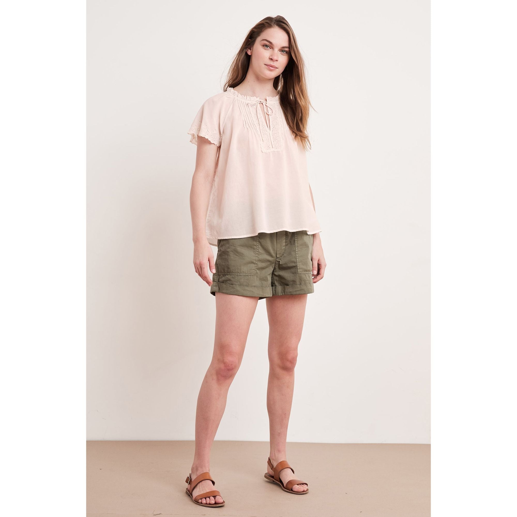 Women's Eyelet Embroidery Short Sleeve Top in Dusty Rose - Velvet Material