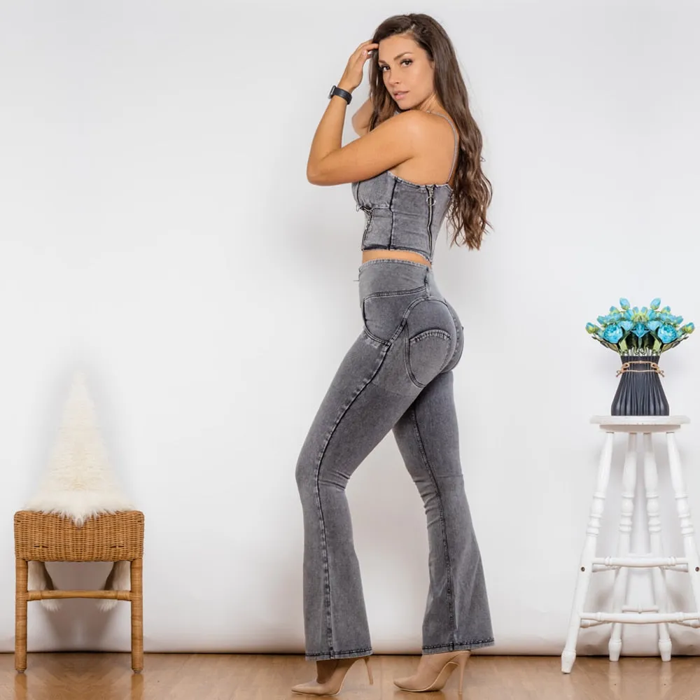 High Waist Gray Zipper Top and Flare Jeans Set for Women