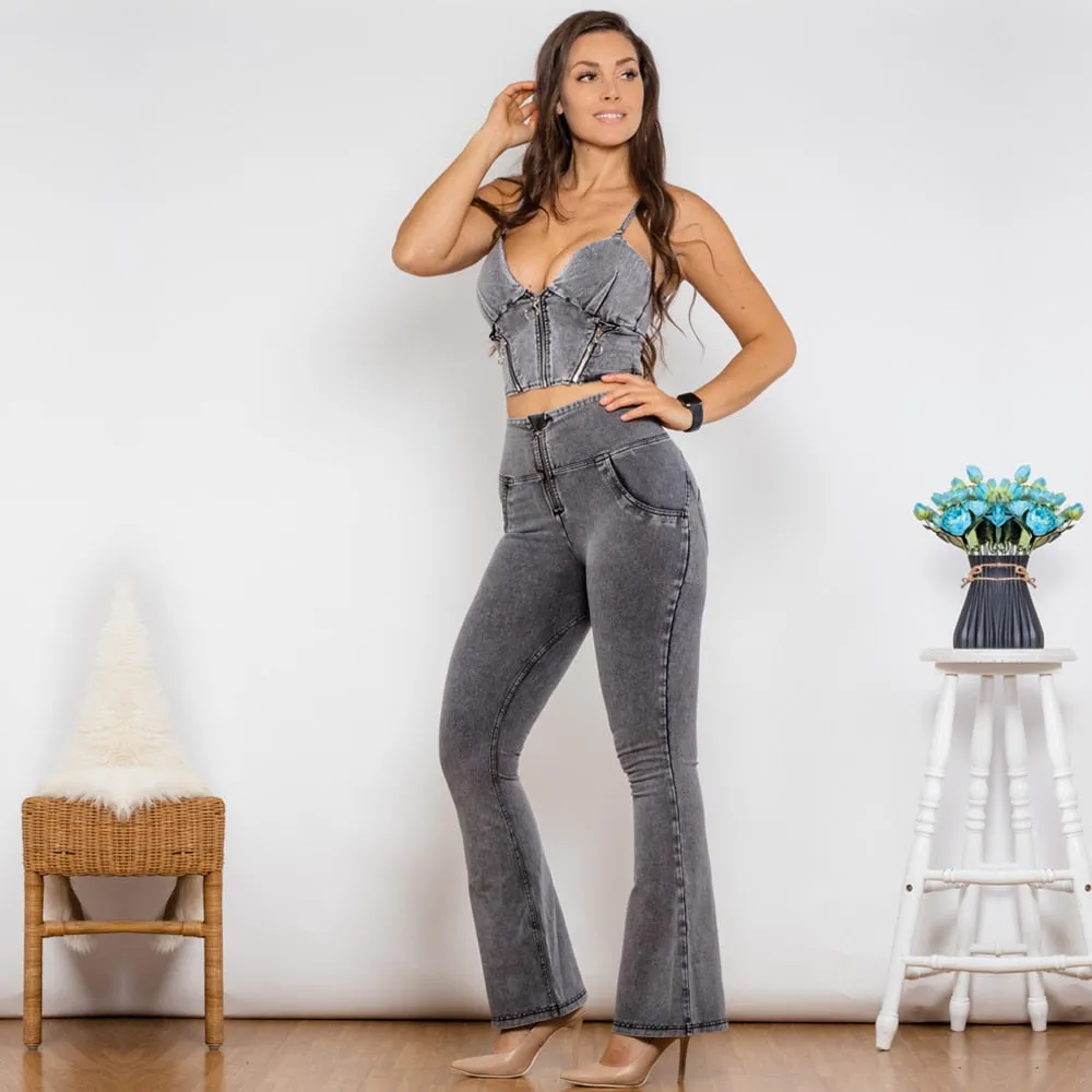 High Waist Gray Zipper Top and Flare Jeans Set for Women