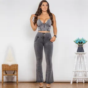 High Waist Gray Zipper Top and Flare Jeans Set for Women