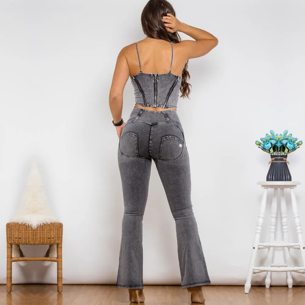 High Waist Gray Zipper Top and Flare Jeans Set for Women