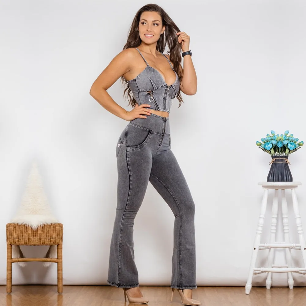 High Waist Gray Zipper Top and Flare Jeans Set for Women