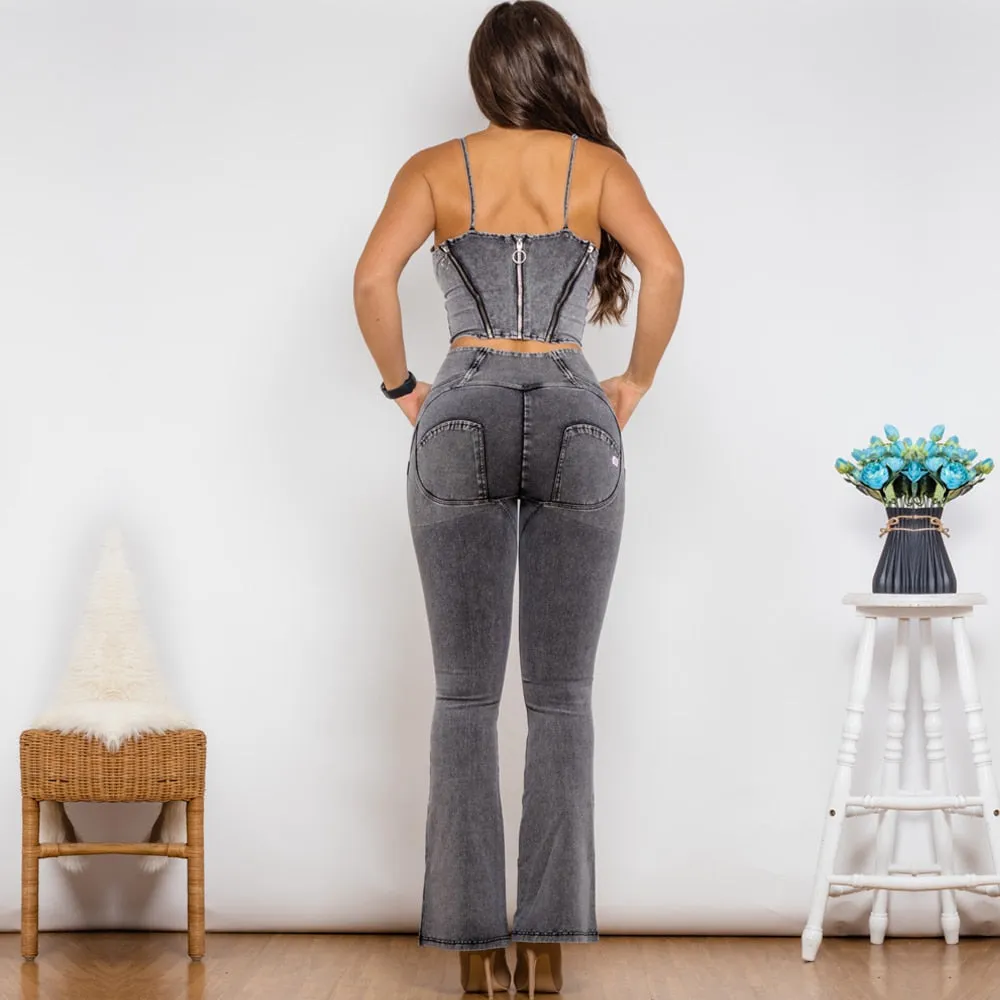 High Waist Gray Zipper Top and Flare Jeans Set for Women