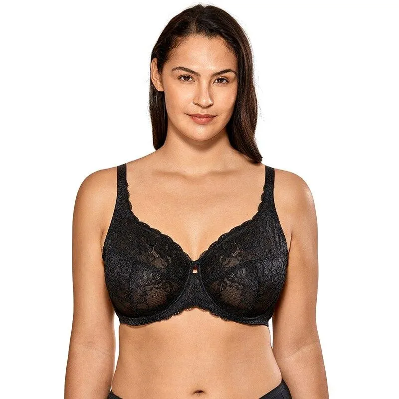 Sheer Lace Minimizer Bra Full Figure Underwire Women