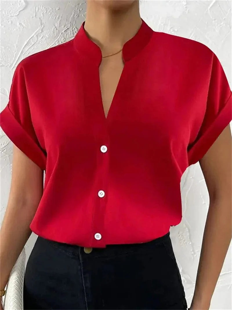 Women's Short Sleeve Blouse with Standing Collar