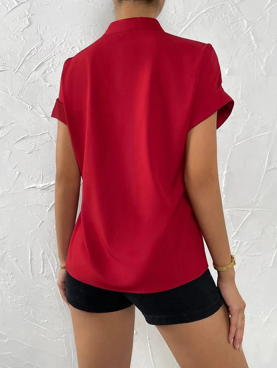 Women's Short Sleeve Blouse with Standing Collar