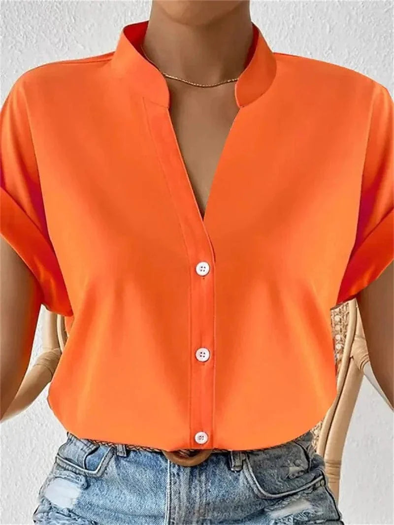 Women's Short Sleeve Blouse with Standing Collar