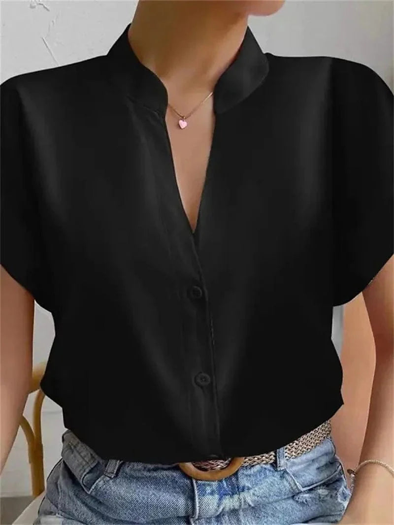 Women's Short Sleeve Blouse with Standing Collar