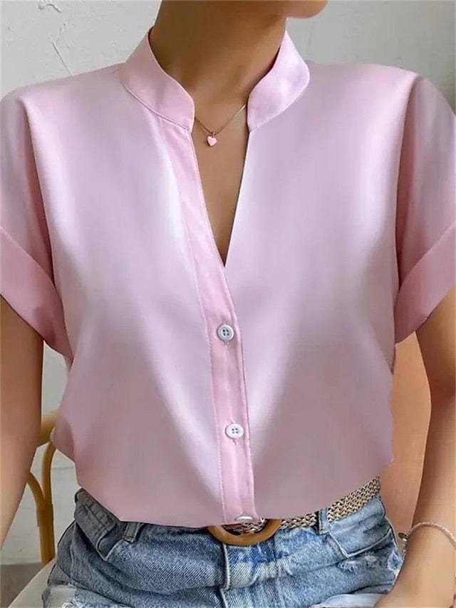 Women's Short Sleeve Blouse with Standing Collar