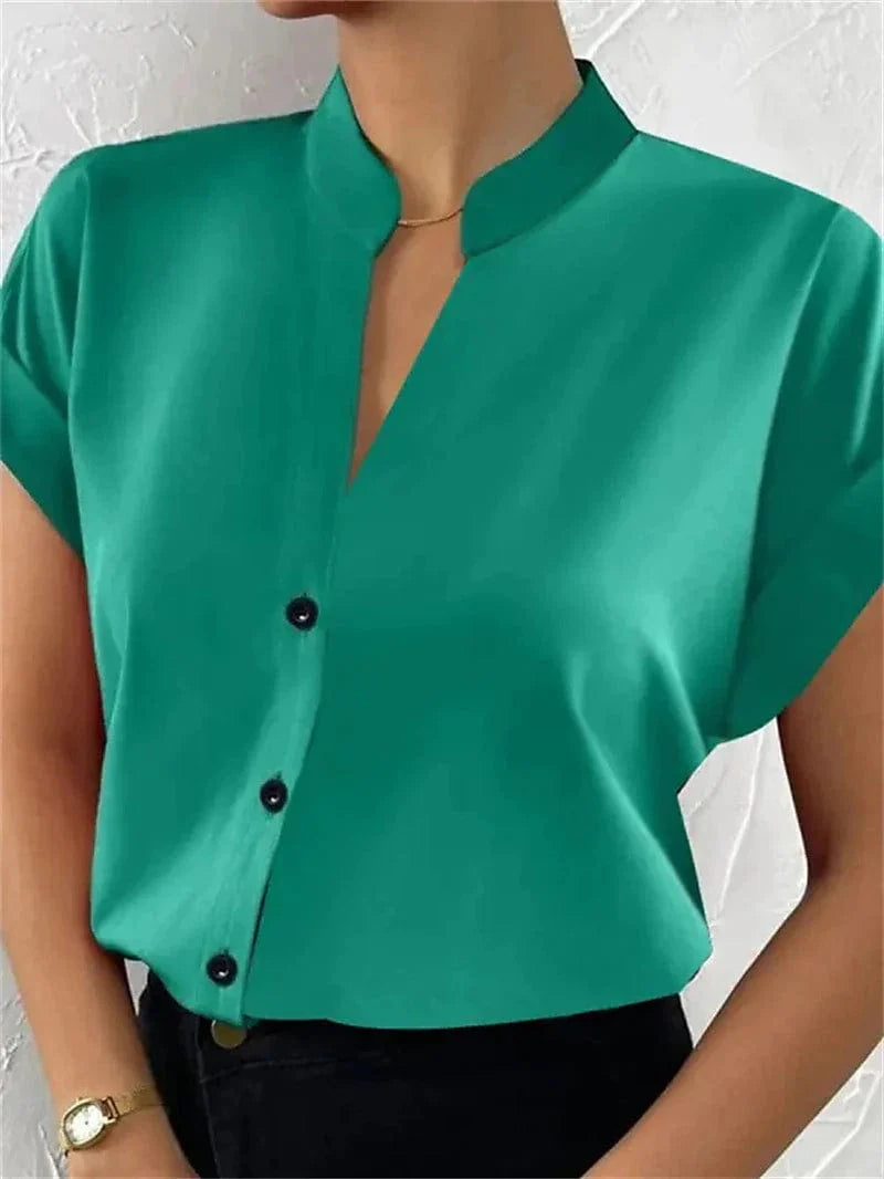 Women's Short Sleeve Blouse with Standing Collar