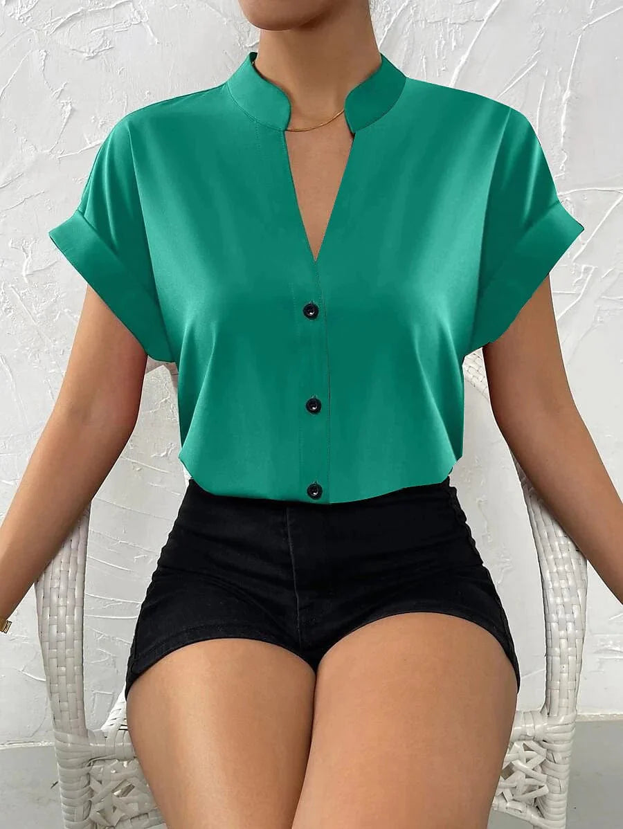 Women's Short Sleeve Blouse with Standing Collar