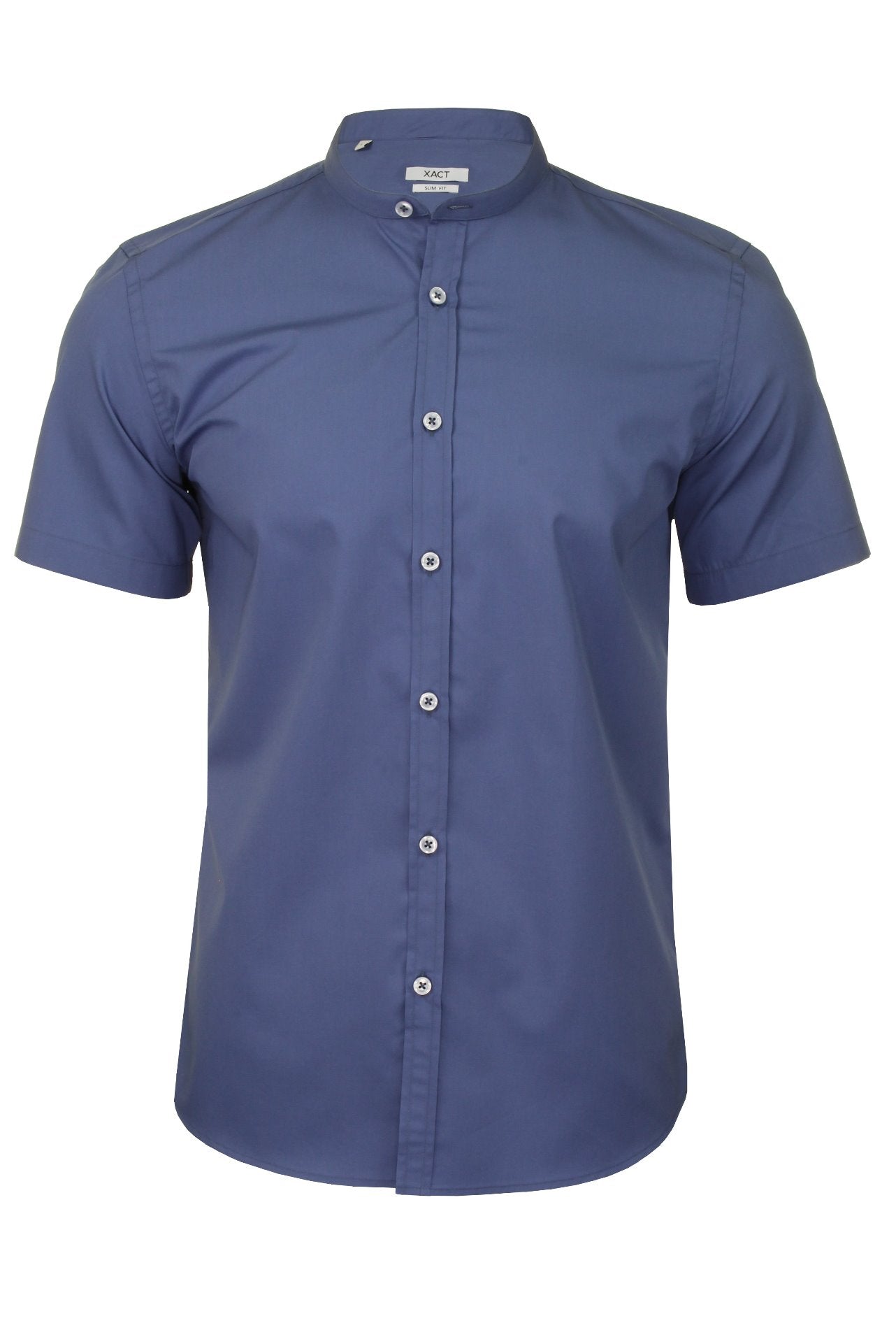 Xact Men's Nehru Poplin Shirt with Grandad Collar - Slim Fit - Short Sleeves