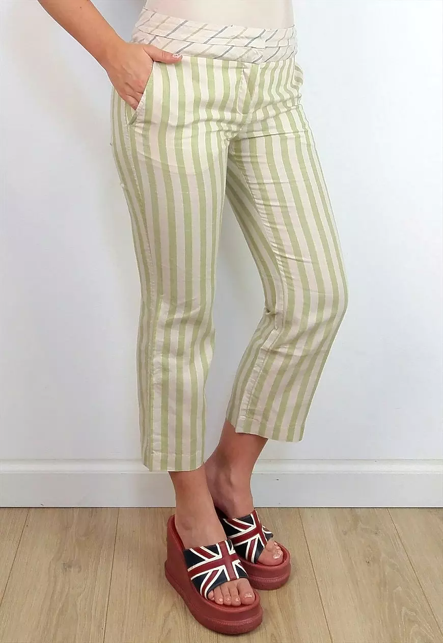 Y2K MANGO Striped Linen Capris - XS Size, 3/4 Flared