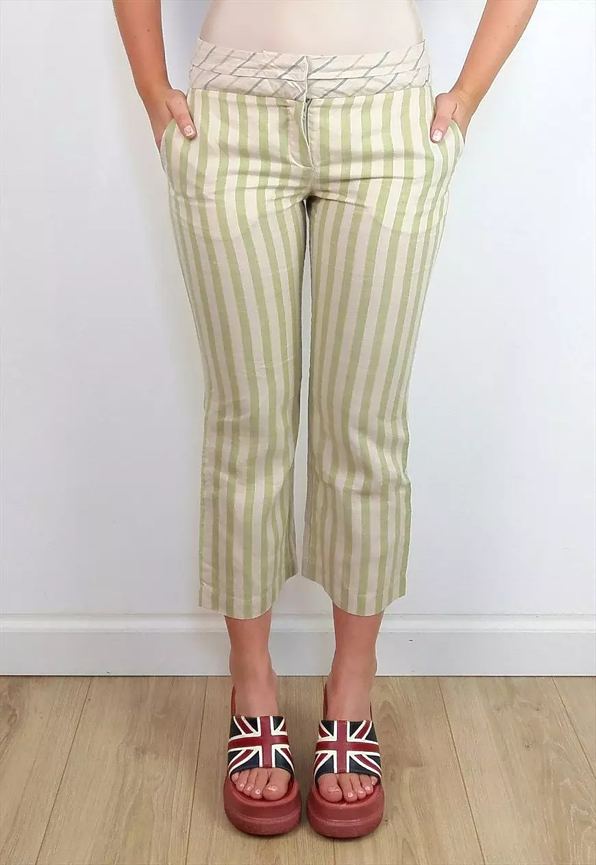 Y2K MANGO Striped Linen Capris - XS Size, 3/4 Flared