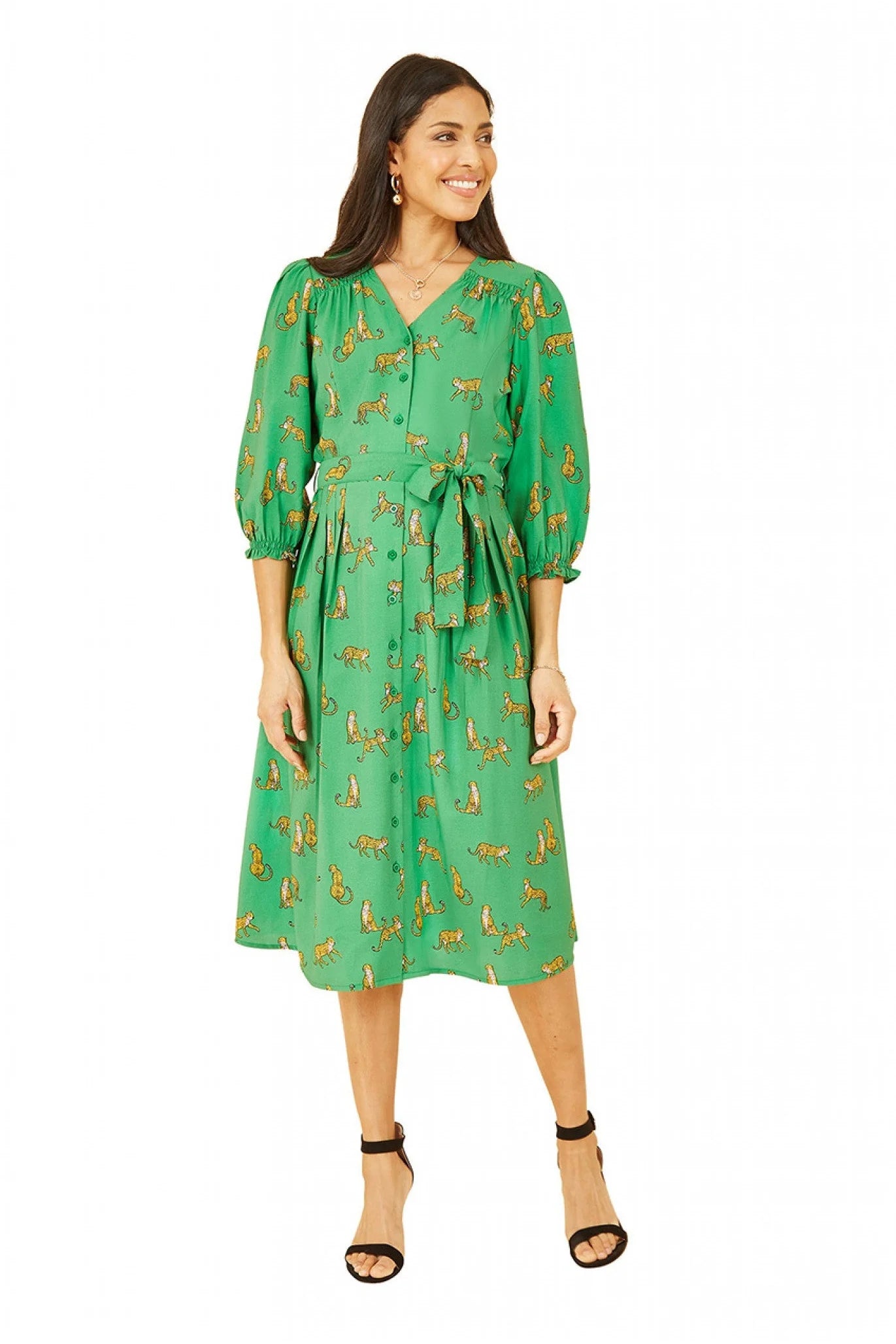 Yumi Green Cheetah Print Midi Shirt Dress - Shop Now