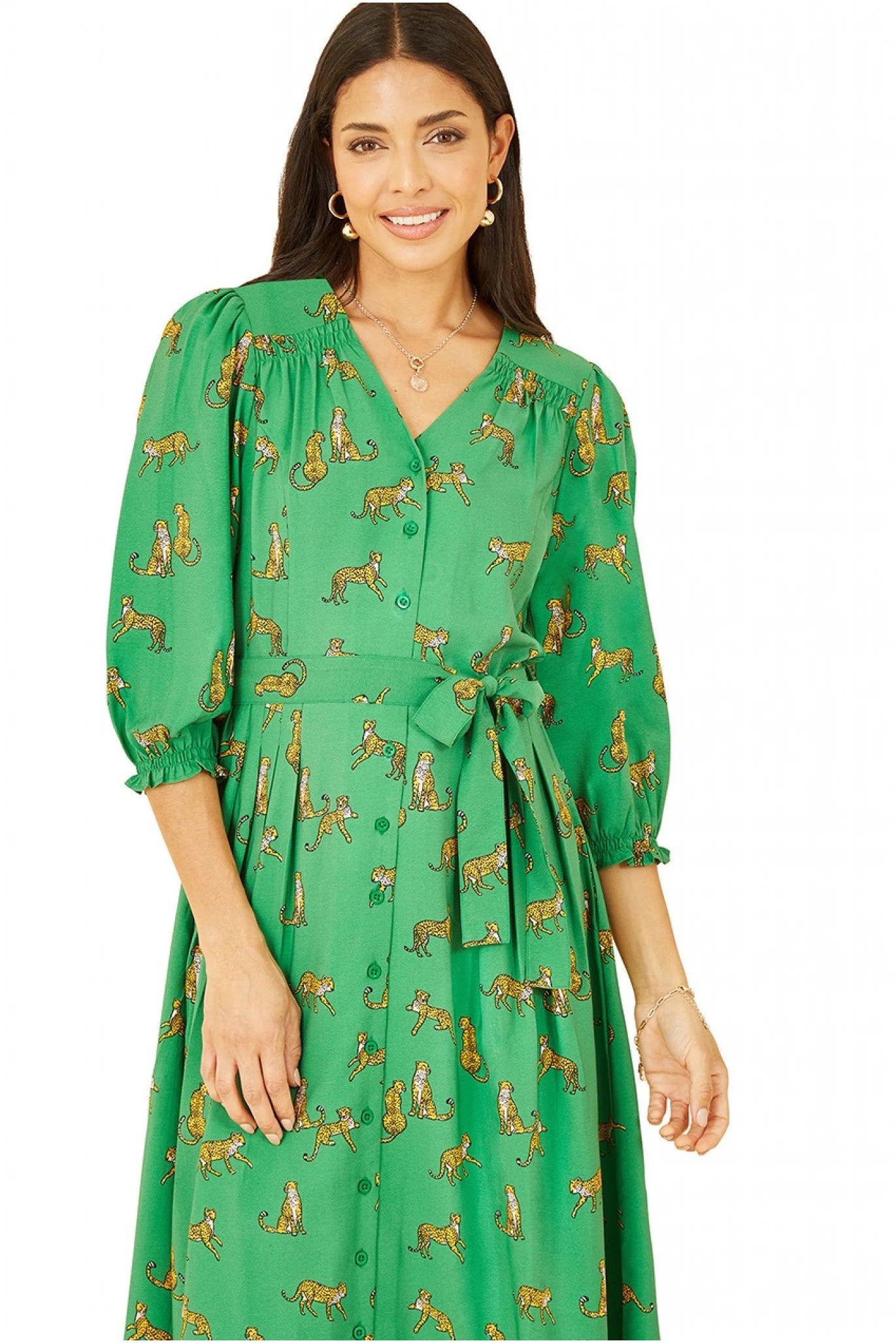 Yumi Green Cheetah Print Midi Shirt Dress - Shop Now