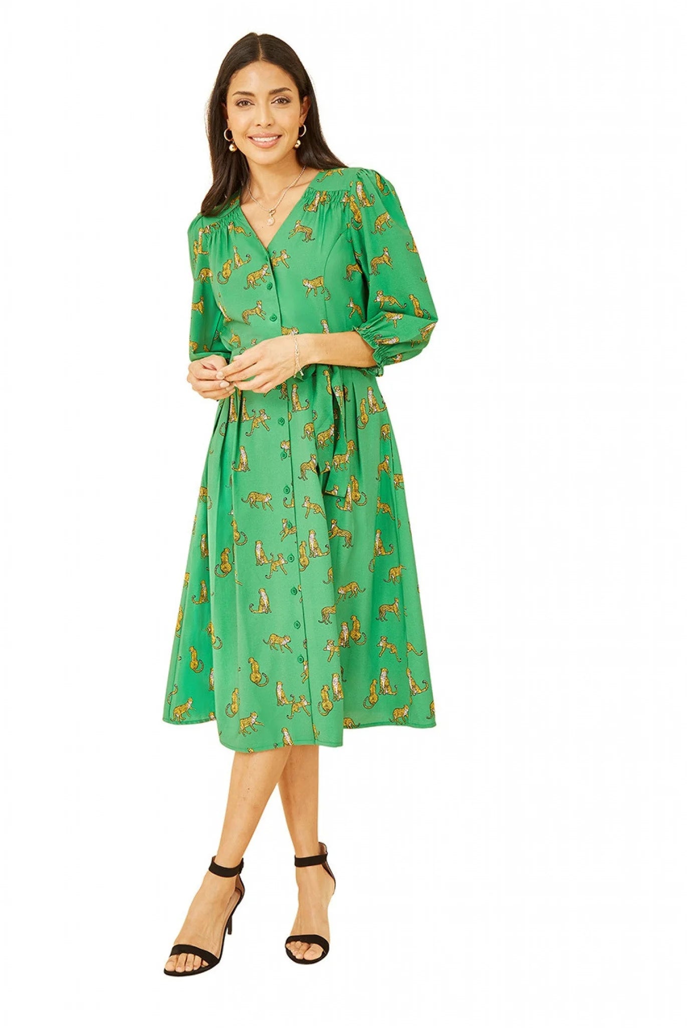 Yumi Green Cheetah Print Midi Shirt Dress - Shop Now