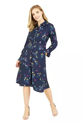 Yumi Navy Bird Print Shirt Dress