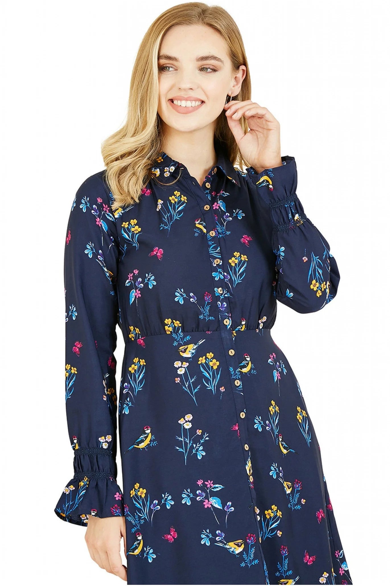 Yumi Navy Bird Print Shirt Dress