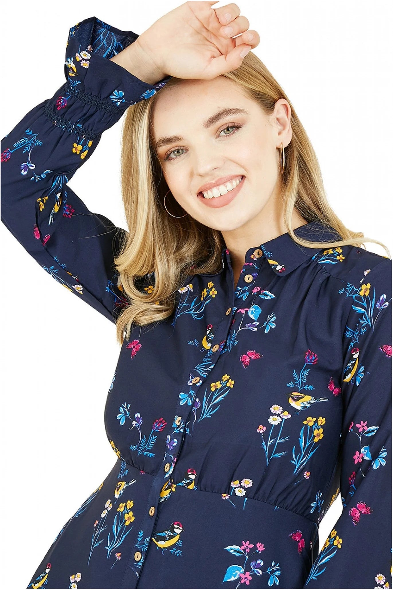 Yumi Navy Bird Print Shirt Dress