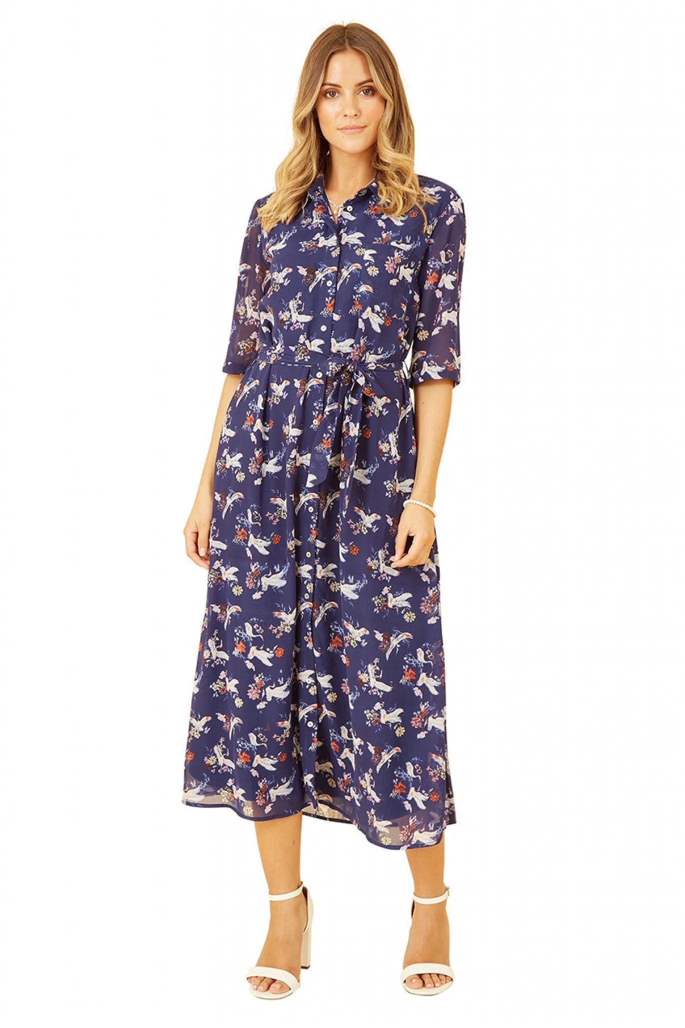 Yumi Navy Crane Print Midi Shirt Dress - Buy now!