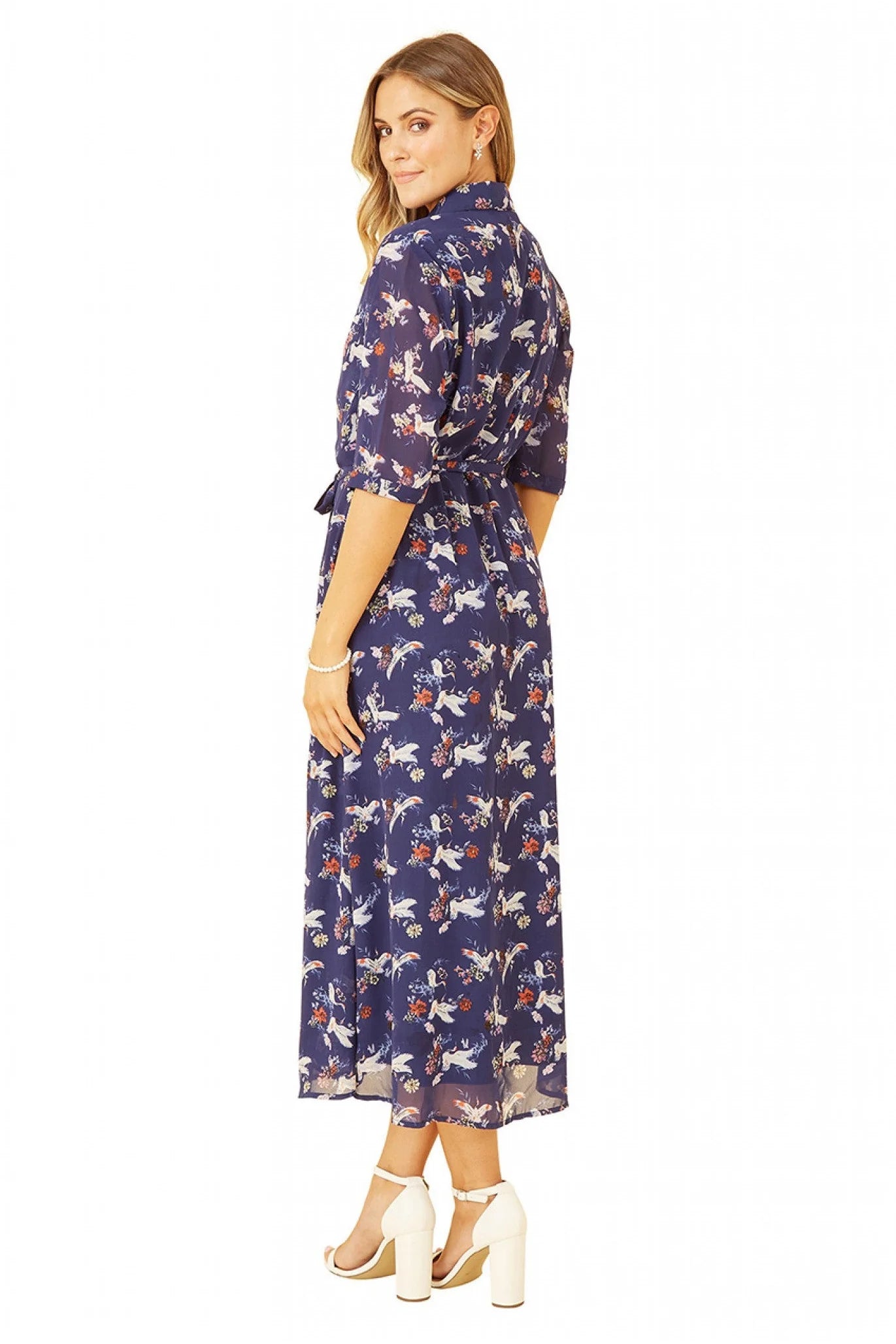 Yumi Navy Crane Print Midi Shirt Dress - Buy now!