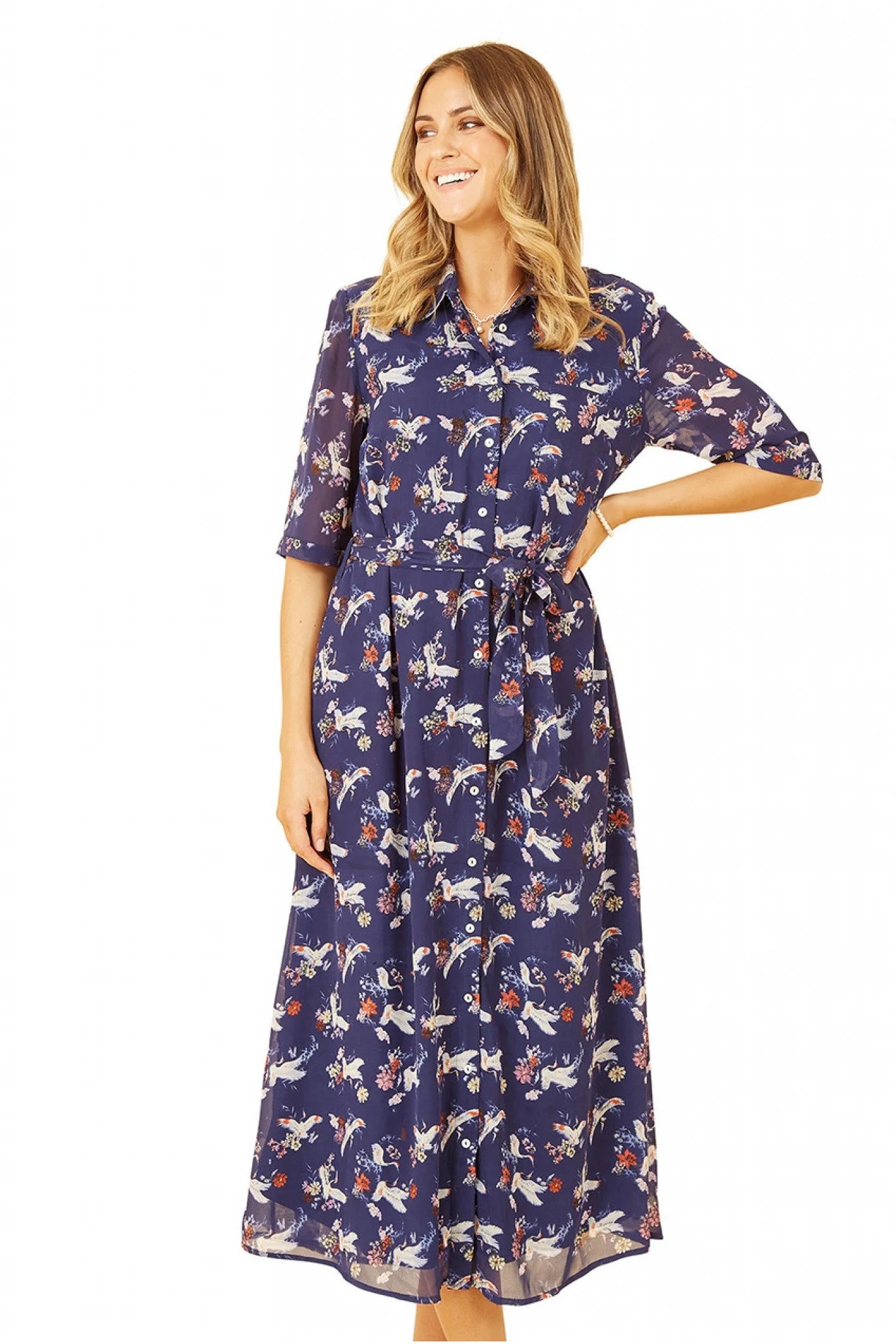 Yumi Navy Crane Print Midi Shirt Dress - Buy now!