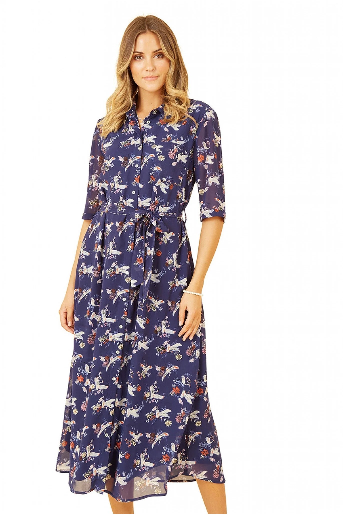 Yumi Navy Crane Print Midi Shirt Dress - Buy now!