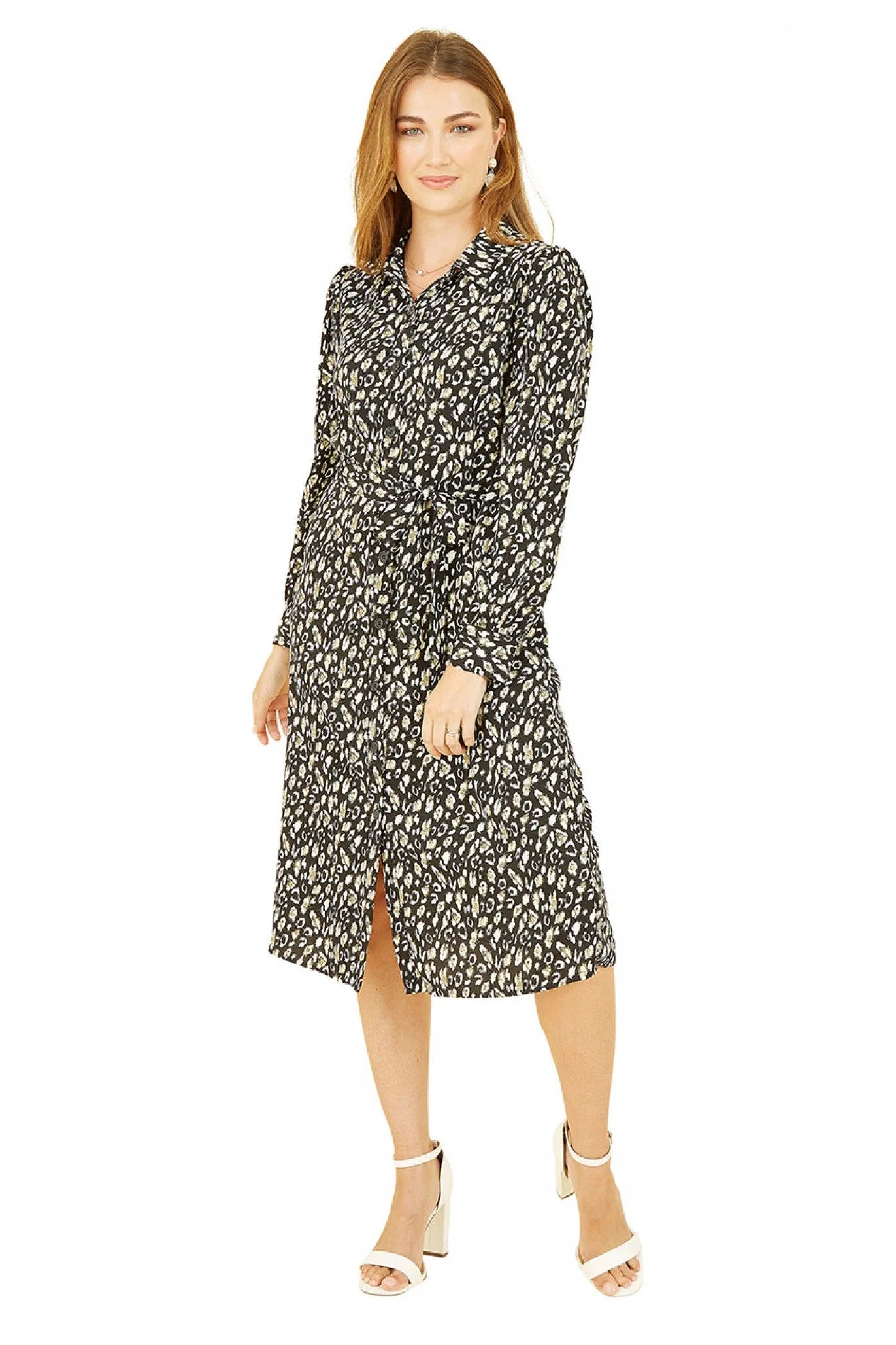 Yumi shirt dress with black leopard print.