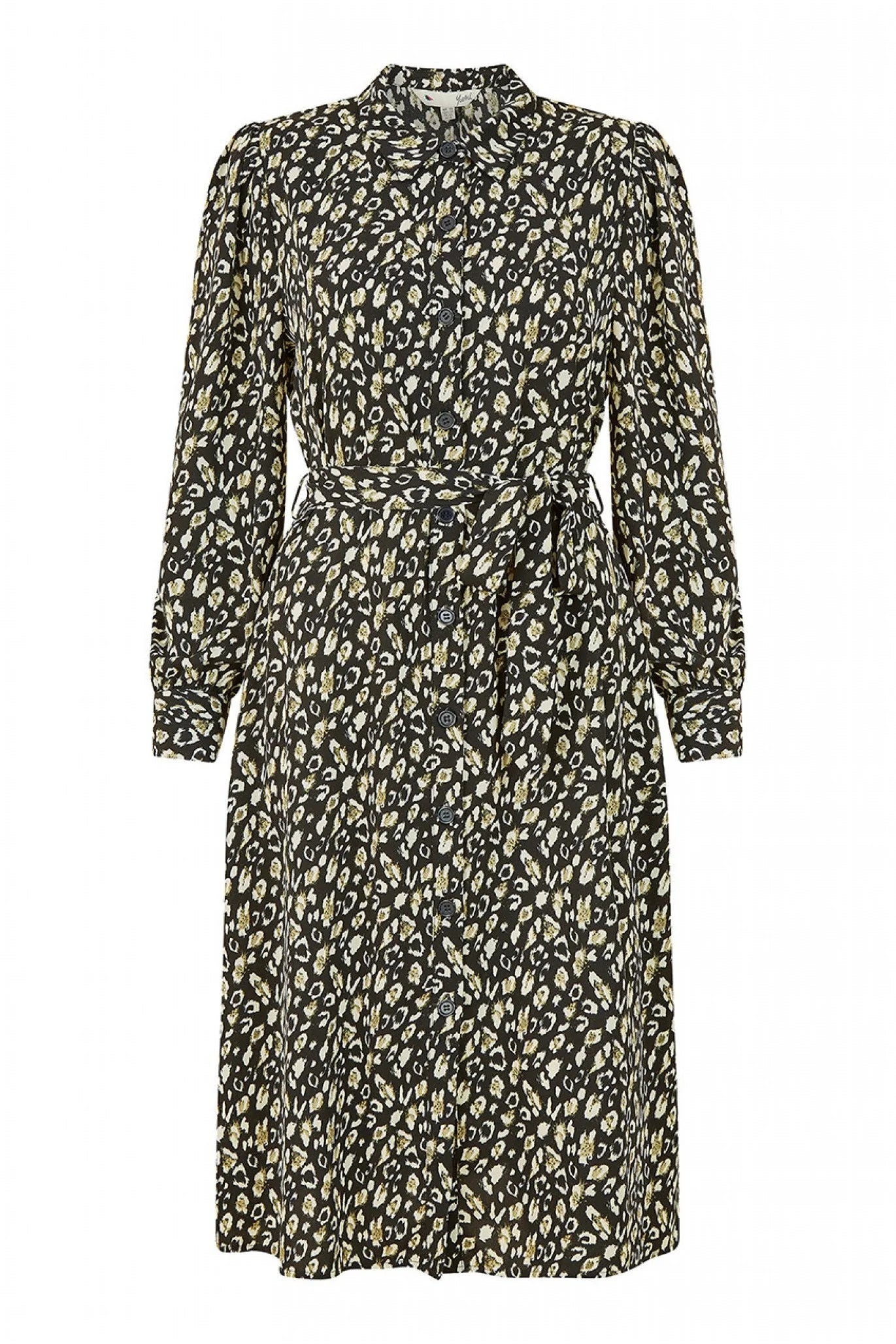 Yumi shirt dress with black leopard print.