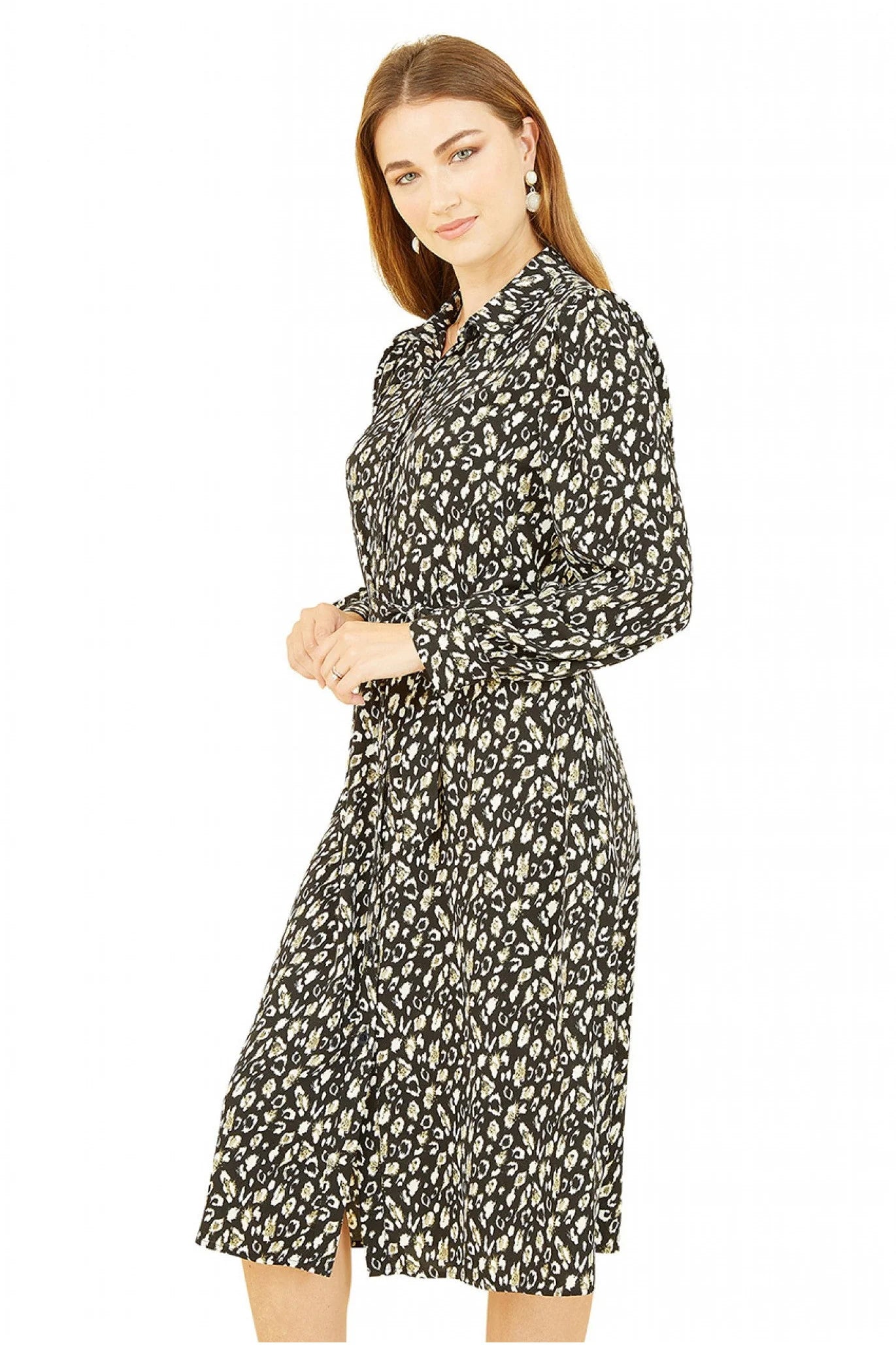 Yumi shirt dress with black leopard print.